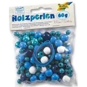 folia 22972 - houten kralen, Ocean-mix, blauw/turquoise, 60 g komt overeen met maximaal 85 delen, in verschillende kleuren en vormen, voor het knutselen van kettingen en armbanden, inclusief 2 snoeren elk ca. 85 cm