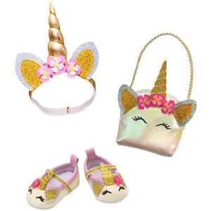 Heless 231 - Poppenaccessoires in glitter unicorn design, 3-delige accessoireset met ballerina's, tas en haarband voor poppen en knuffels maat 35-45 cm