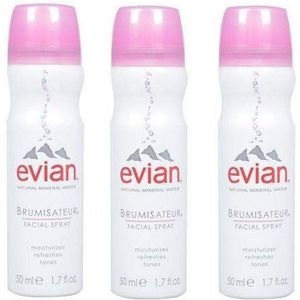 3 x Evian ® 50 ml brumisateur eau minerale natuurlijke gezichtsspray bronwater verfrissingsspray voor kleine gezichtsverfrissing tussendoor helpt om de make-up te fixeren, past in elke handtas