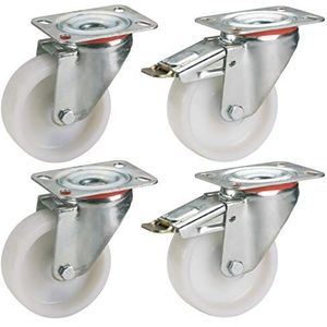 Dörner + Helmer 450151 Zwenkwielen set – 4 x polyamide – wiel, breukvast, corrosiebestendig – Ø 100 mm, 150 kg, natuurlijk wit