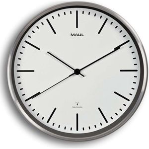 MAUL Wandklok MAULfly, geborsteld aluminium, Ø 305 mm, zendergestuurd uurwerk, wit