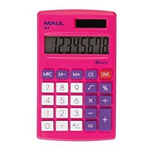 MAUL Zakrekenmachine M8, kleine rekenmachine met 8 cijfers display, standaardfuncties voor kantoor, thuis, school, rekenmachine op zonne-energie met batterijgebruik in het donker, roze
