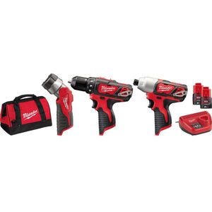 Milwaukee M12 BPP3A-202B 12V Li-Ion Accu Boor-/schroefmachine (M12 BDD) & Slagschroevendraaier (M12 BID) & Werklamp (C12 T) Combiset (2x 2.0Ah Accu) In Tas