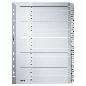 Leitz Tabbladen voor A4, voorblad en 20 tabbladen, tabbladen met alfabetische opdruk A-Z, geperforeerde rand en kleurrijke tabbladen met folie (Mylar), grijs, karton, 43280000