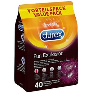 Durex - 40 Condooms Fun Explosion - Extra Dun - Extra Glijmiddel - Aardbeiensmaak - Met Ribbels