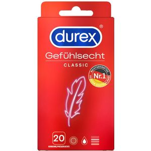 durex Kondome Gefühlsecht Classic mit anatomischer Easy-On-Form & Silikongleitgel befeuchtet, 20 St., Ultra dünn