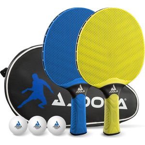 JOOLA Vivid Outdoor tafeltennisbatjes, 2 batjes + 3 ballen + 1 tas voor tafeltennisbatjes, geel/blauw, 6 stuks