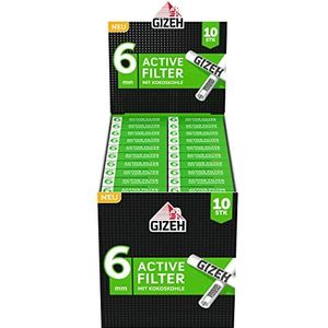 GIZEH Zwarte actieve koolstoffilter, dun formaat, 6 mm, Gizeh filter met actieve kool in kokosnoot, 20 verpakkingen van 10 filters