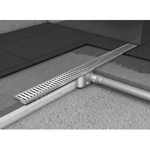 Aco ShowerDrain C douchegoot rvs z. flens zonder rooster, 70mm breed, stankslot 25mm 685mm inb. diepte 65mm m. zijuitloop 90108836