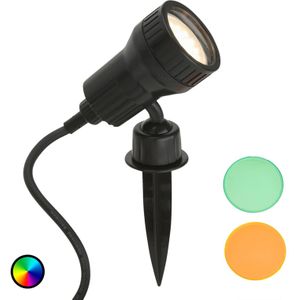 BRILONER GU10 3W 250lm LED buitenlamp met oranje kleurfilter, groene grondpen en wandhouder, draaibare en draaibare kop, 2 m stroomkabel, IP44, zwart