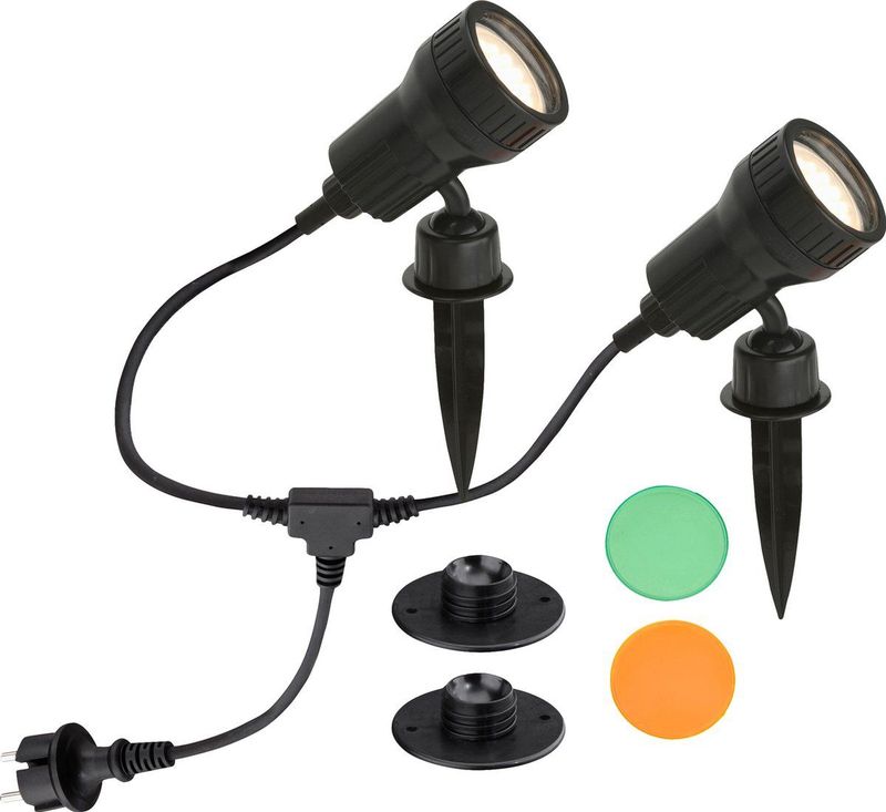 BRILONER Leuchten - Buitenlamp, tuinlamp, padverlichting, set van 2, 2x GU10, 3 W, 250 lumen, incl. grondspies, IP44, zwart