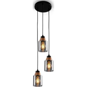 BRILONER - Hanglamp 3-vlammig rookglas plafondlamp woonkamerlamp rookglas lampenkap hanglamp kroonluchter slaapkamerlamp hout zwart