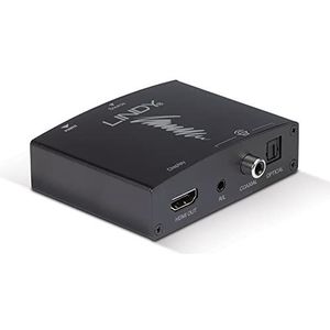 LINDY HDMI 4K Audio Extractor met Bypass-resoluties tot UHD 4K Audio via TOSLink en COAXIAL Digit. en 3,5 mm stereo analoog. 38167 zwart