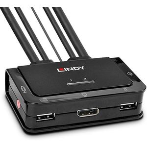 LINDY KVM Switch 2 poorten DisplayPort 1.2, USB 2.0 & Audio, geïntegreerde kabel