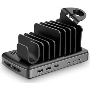 Lindy 160W 6 Port USB-Ladestation Zum gleichzeitigen Laden von bis zu 6 Smartphones, Tablets und/oder e... (160 W, Stroomvoorziening 3.1, Snel opladen 3.0, Adaptief snel opladen, Snel opladen 4.0, Stroomvoorziening 3.0, Stroomvoorziening 2.0), USB-lader, Grijs, Zwart