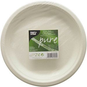 Bord pure, rond, wit, diameter 23 cm, uit suikerriet, pak van 50 stuks