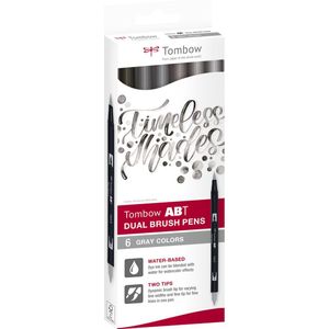 Tombow ABT-6C-6 ABT penseelstiften met twee punten, grijstinten, 6 stuks