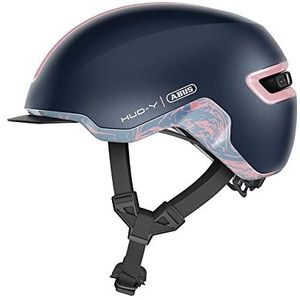 ABUS Urban HUD-Y helm met oplaadbaar magnetisch led-achterlicht en magneetsluiting, coole fietshelm voor dagelijks gebruik, voor dames en heren, blauw/mat roze, maat L