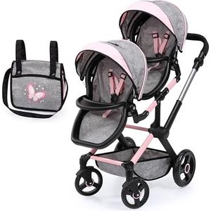 Bayer Design 26733AA Tweeling poppenwagen Twin Xeo, dubbele poppenwagen, verstelbare en zwenkbaar duwstang, tas, grijs, roze