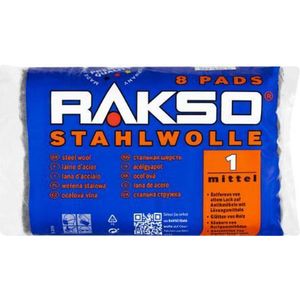 RAKSO Staalwol medium 1, 200 g, 8 pads, maakt hout, verwijdert oude lak van antieke meubels, reinigt harde rubberen vloeren
