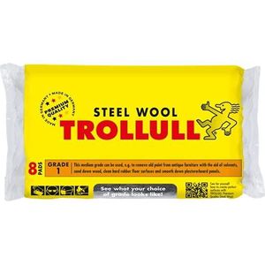 TROLLULL Medium 1 staalwol, kan worden gebruikt voor het slijpen van hout, het verwijderen van oude meubels en het reinigen van harde rubberen vloeren, 8 pads van 200 g