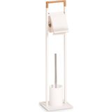 Zeller Toiletborstelhouder inclusief WC-rolhouder en borstel - wit - metaal / bamboe - 75 cm