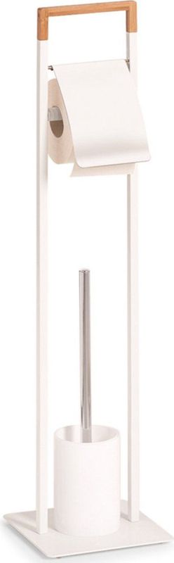 Zeller Toiletborstelhouder inclusief WC-rolhouder en borstel - wit - metaal / bamboe - 75 cm