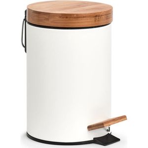 Zeller prullenbak/pedaalemmer metaal bamboe hout 3L wit