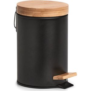 Zeller prullenbak/pedaalemmer metaal bamboe hout 3L zwart