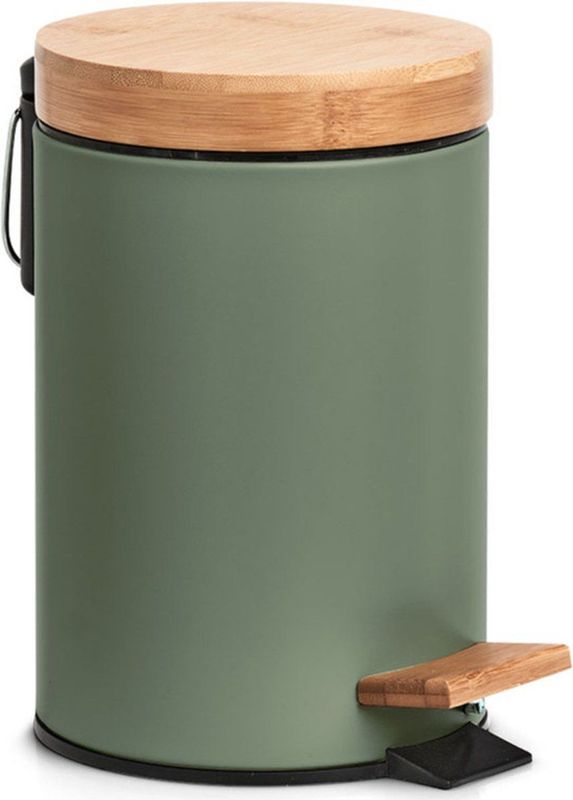 Zeller prullenbak/pedaalemmer metaal bamboe hout 3L salie groen