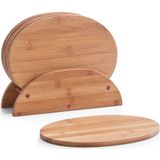 Zeller broodplankjes/ontbijtplankjes - bamboe hout - 6x stuks - 24 x 18 cm - ovaal - snijplanken - met houder