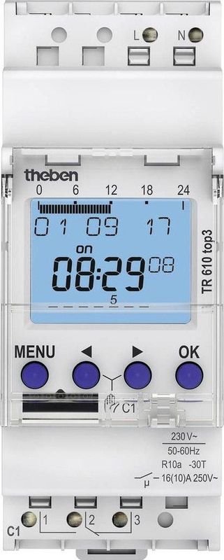 Theben TR 610 top3 Digitale Zeitschaltuhr Hutschiene, DIN-Schiene, 2TE, 1 Kanal, Wochenprogramm, App, 6100130