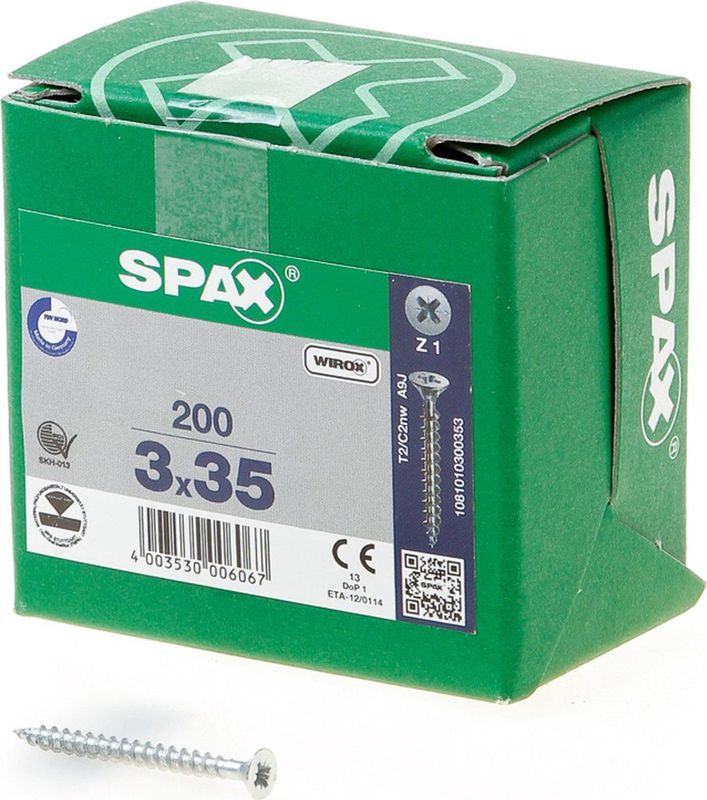 SPAX - Universele Schroef - 3,0 x 35 mm - 200 Stuks - Kruiskop Z1 - Verzonken Kop - Volledige Schroefdraad
