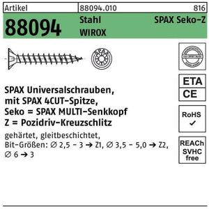 SPAX Universele schroef, 3,5 x 35 mm, 200 stuks, kruiskop Z2, verzonken kop, volledige schroefdraad, 4CUT, WIROX A3J, 1081010350353