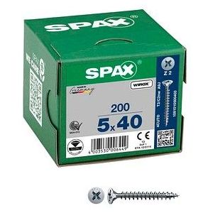 SPAX Universele schroef, 5,0 x 40 mm, 200 stuks, kruiskop Z2, verzonken kop, volledige schroefdraad, 4CUT, WIROX A3J, 1081010500403