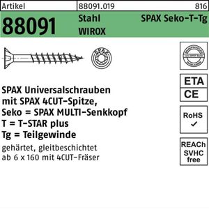 SPAX Universele schroef, 4 x 50 mm, 500 stuks, Deeldraad, Verzonken kop, T-STAR plus T20, 4CUT, WIROX - 0191010400505
