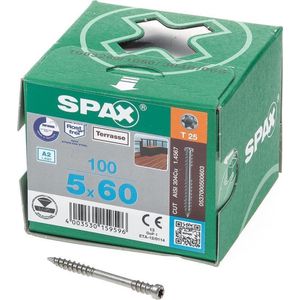 SPAX 537000500603 Terrasschroef, Cilinderkop, 5 x 60, Fixeerschroefdraad, T-STAR plus TX25 - blank - 100 stuks