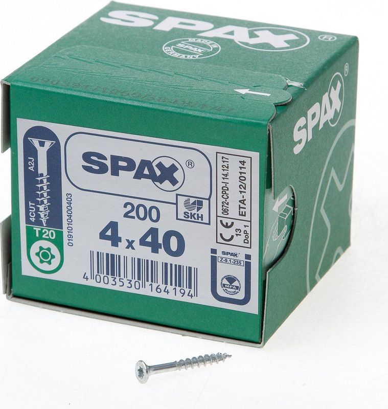SPAX Universele Schroef 4 x 40 mm 200 Stuks Deeldraad Verzonken Kop T-STAR plus T20 4CUT WIROX