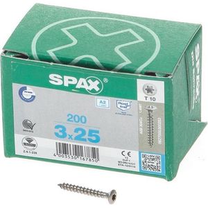 SPAX - Universele schroef, 3,0 x 25 mm, 200 stuks, verzonken lenskop, T-STAR plus, volledig met schroefdraad, roestvrij staal A2, 1.4567-0627000300253