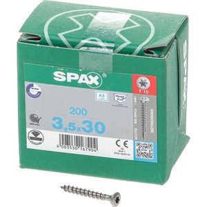 SPAX Universele schroef van roestvrij staal A2, 3,5 x 30 mm, 200 stuks, T-STAR plus, verzonken lenskop, volledige schroefdraad, 4CUT, 0627000350303