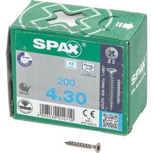 SPAX - universele schroef, 4,0 x 30 mm, 200 stuks, verzonken lenskop, T-STAR plus, 4CUT, volledig met schroefdraad, roestvrij staal roestvrij A2, 1.4567-0627000400303