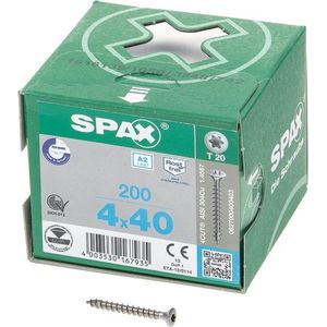 SPAX Universele schroef van roestvrij staal A2, 4,0 x 40 mm, 200 stuks, T-STAR plus, lenskop, volledige schroefdraad, 4CUT, 0627000400403