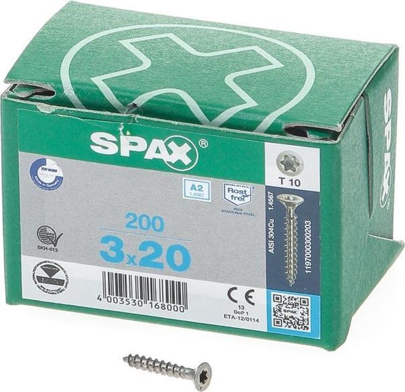 Spax Spaanplaatschroef platverzonken kop RVS T Star T10 voldraadx20mm (per 200 stuks)