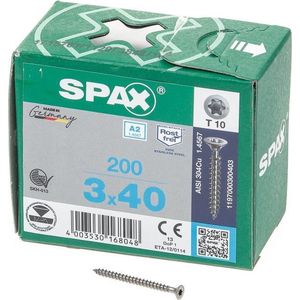 SPAX-S 1197000300403 Roestvaststalen schroef, Verzonken kop, 3 x 40, Voldraad, T-STAR plus T10, S-punt - blank - 200 stuks