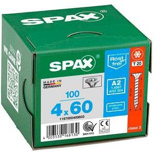 SPAX 1197000400603 Roestvaststalen schroef, Verzonken kop, 4 x 60, Voldraad, T-STAR plus T20 - blank - 100 stuks