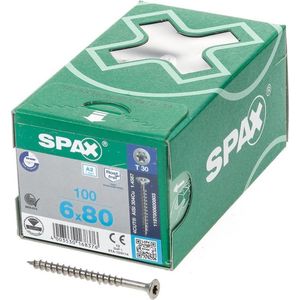 SPAX Universele schroef van roestvrij staal A2, 6,0 x 80 mm, 100 stuks, T-STAR plus, verzonken kop, volledige schroefdraad, 4CUT, 1197000600803