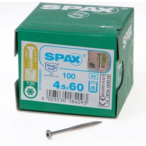 SPAX T-STAR plus, 25170004506021 van roestvrij staal A2, 4,5 x 60 mm, 100 stuks, verzonken lenskop, deels met schroefdraad, CUT-punt