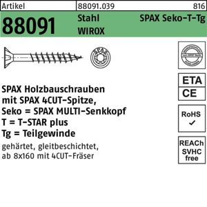 Holzbauschraube, 8 x 200 mm, 50 Stück, Teilgewinde, Senkkopf, t-star plus T40, 4CUT, wirox - 0191010802005 - Spax