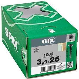 SPAX GIX-B 1891170390255 Snelbouwschroeven, 3,9 x 25 mm, grove schroefdraad, 1000 stuks, trompetkop, kruiskop H2, gipsplaatschroeven voor houten onderconstructies