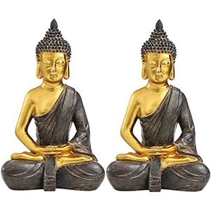 Dehner Decoratieve figuur Boeddha set van 2, elk ca. 39,5 x 25,5 x 18 cm, polyhars, goud/bruin